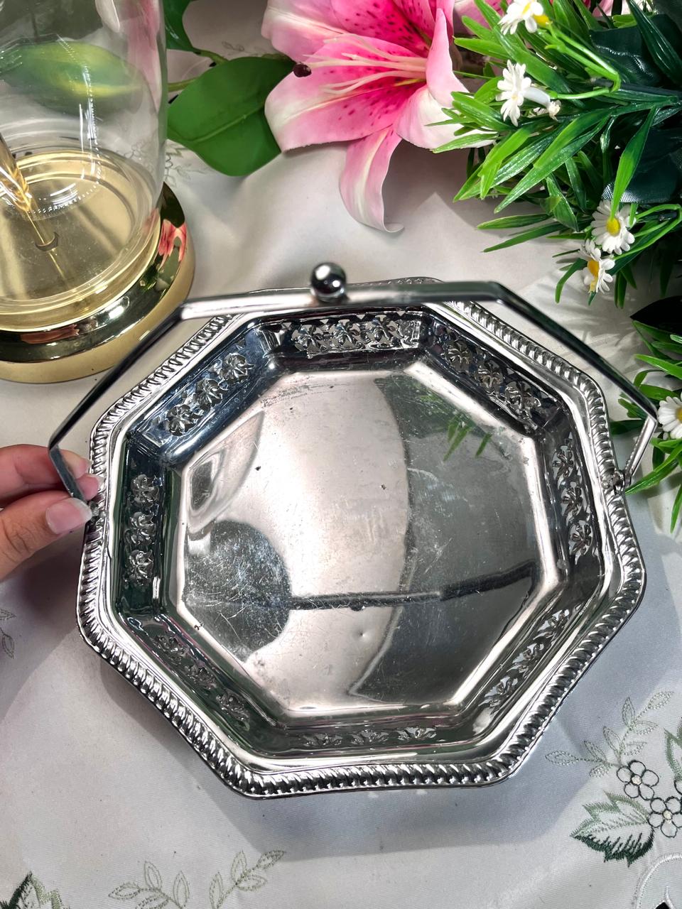 Silver-Tone Octagonal Floral Serving Tray 22 cm
