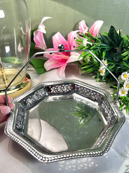 Silver-Tone Octagonal Floral Serving Tray 22 cm