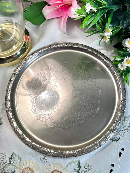 Silver-Tone Round Floral Serving Tray 28 cm