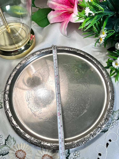 Silver-Tone Round Floral Serving Tray 28 cm