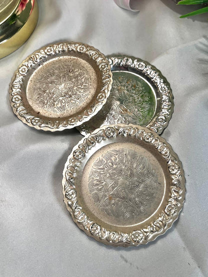 3-Piece Silver-Tone Floral Coaster 10 cm