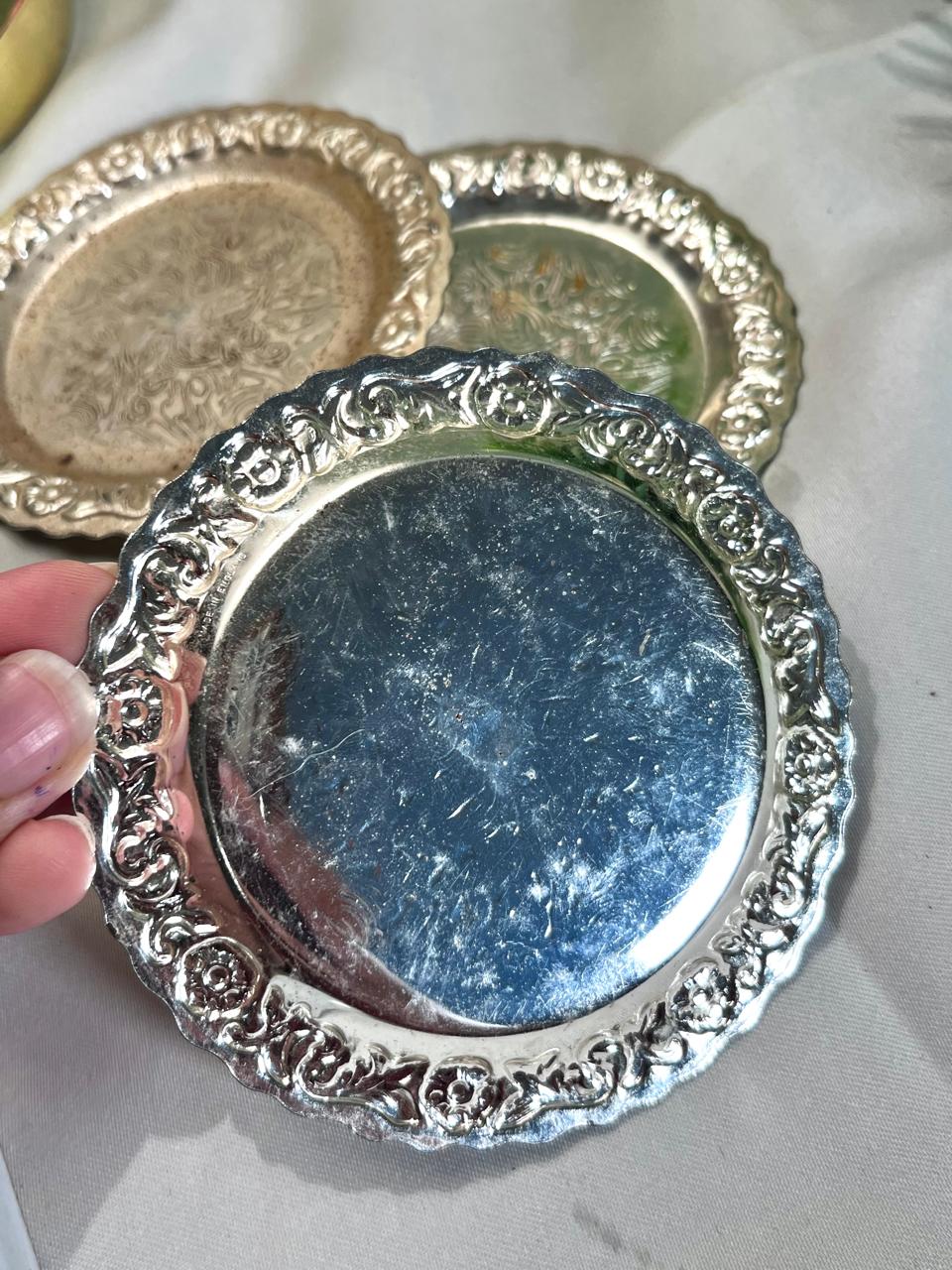 3-Piece Silver-Tone Floral Coaster 10 cm