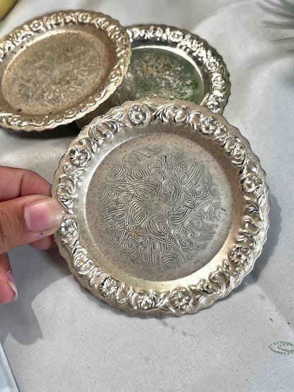 3-Piece Silver-Tone Floral Coaster 10 cm
