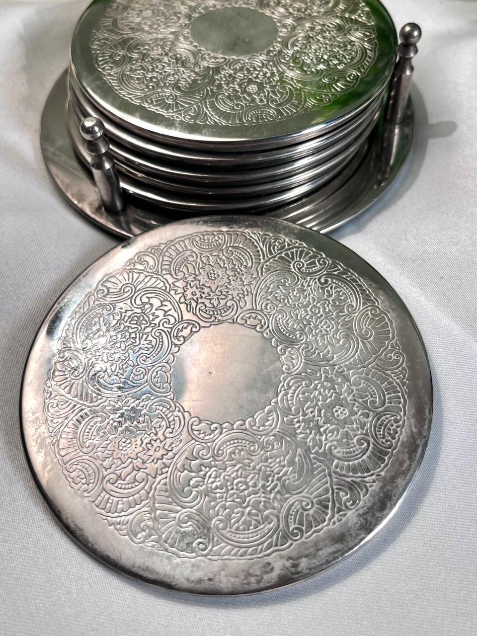 Vintage Silver-Tone Floral Coaster Set with Holder – 6 Pieces
