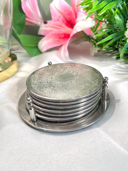 Vintage Silver-Tone Floral Coaster Set with Holder – 6 Pieces