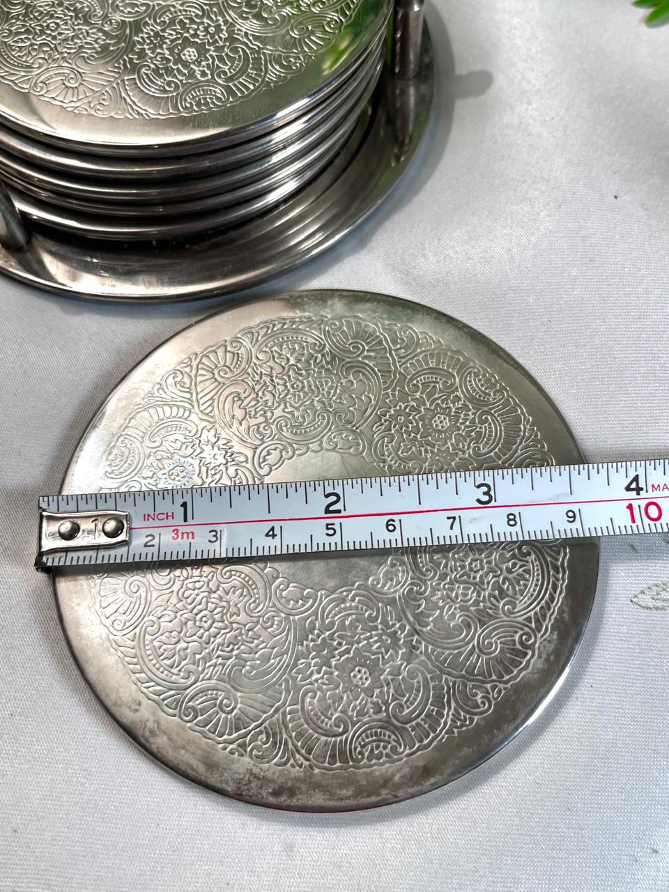 Vintage Silver-Tone Floral Coaster Set with Holder – 6 Pieces