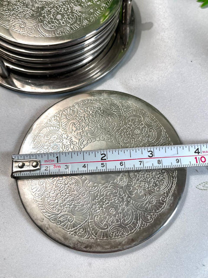 Vintage Silver-Tone Floral Coaster Set with Holder – 6 Pieces