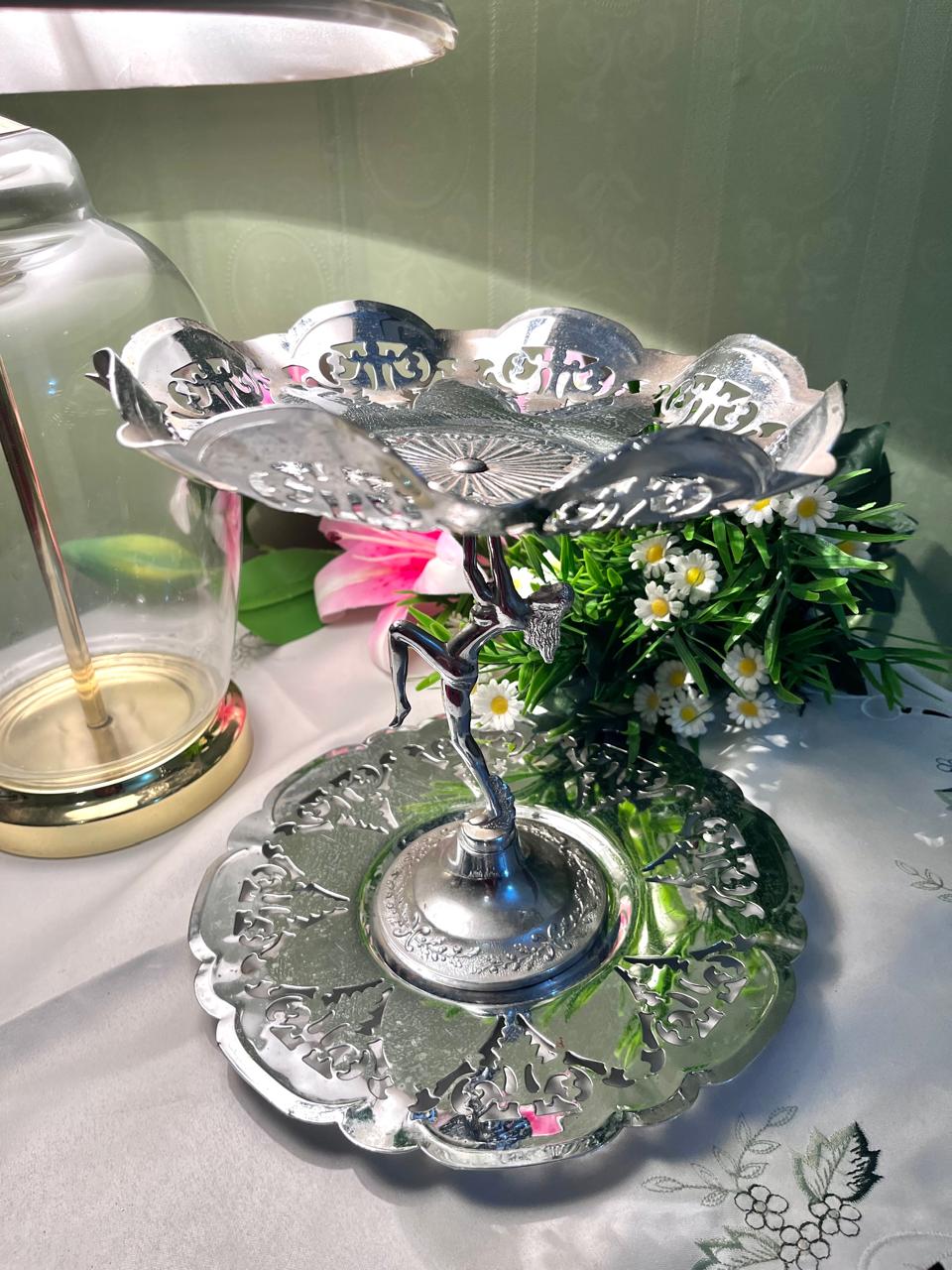 Vintage Silver-Tone Figurine Serving Stand 9 Inch 2 Piece