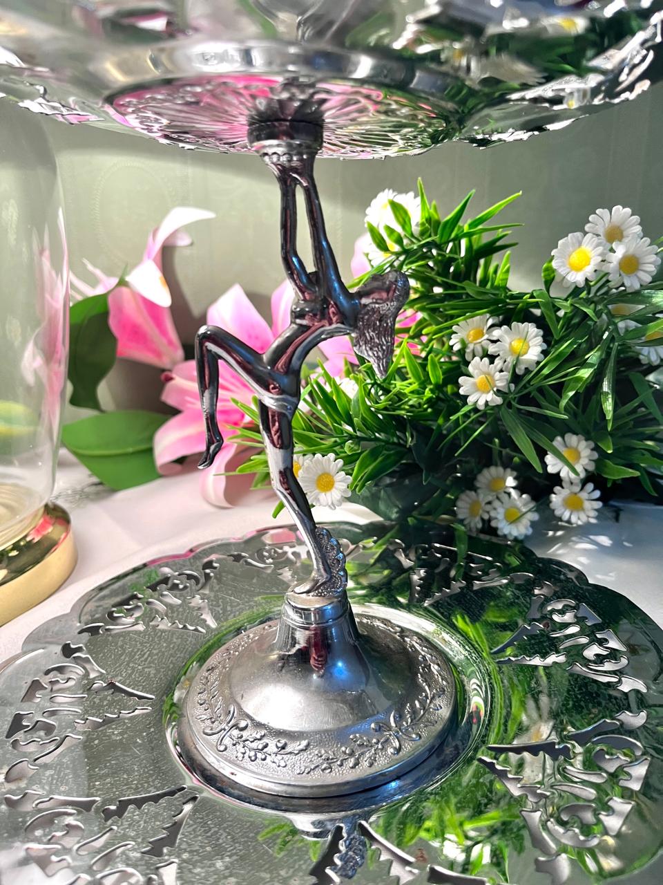Vintage Silver-Tone Figurine Serving Stand 9 Inch 2 Piece
