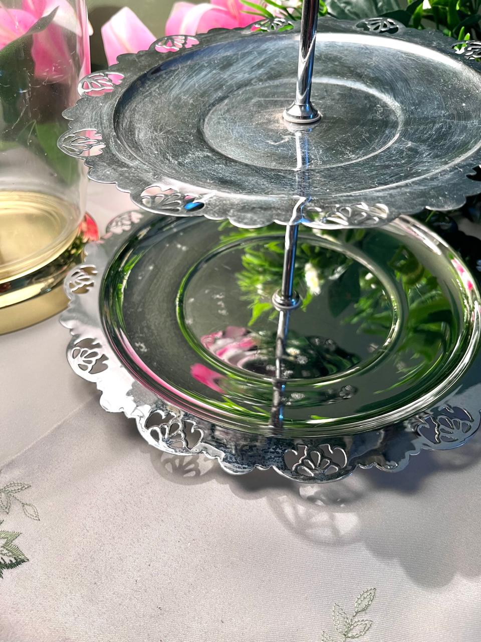 Vintage Silver-Tone 2 Tier Serving Stand 9 Inch 1 Piece