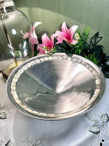 Vintage Silver-Tone Serving Tray Pearlescent Inlay 10 Inch