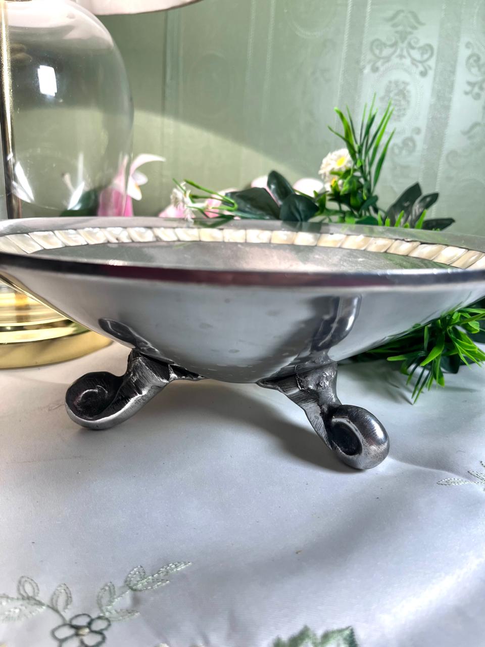 Vintage Silver-Tone Serving Tray Pearlescent Inlay 10 Inch