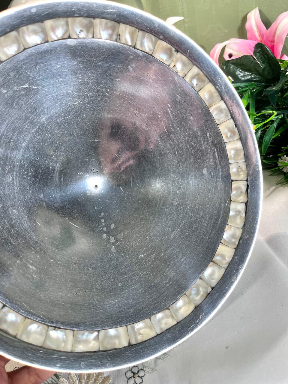 Vintage Silver-Tone Serving Tray Pearlescent Inlay 10 Inch