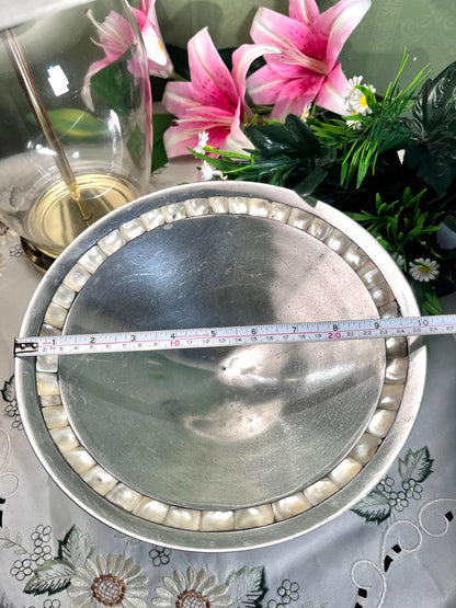 Vintage Silver-Tone Serving Tray Pearlescent Inlay 10 Inch