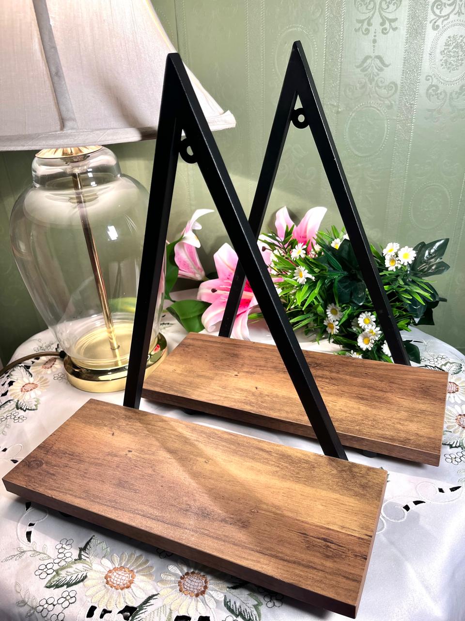 Vintage Wood & Black Metal Display Stands 14 Inch 2 Piece Set