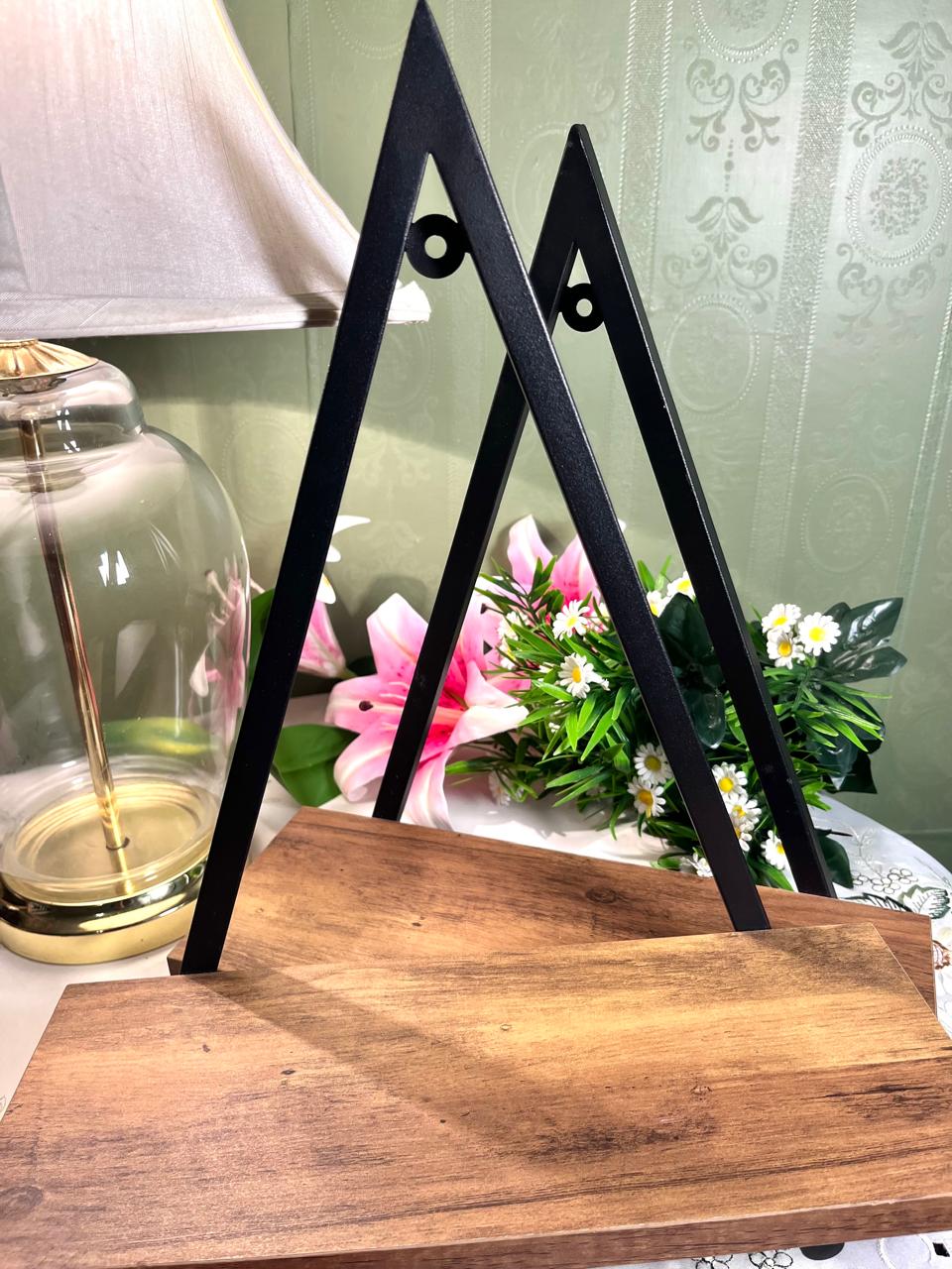 Vintage Wood & Black Metal Display Stands 14 Inch 2 Piece Set