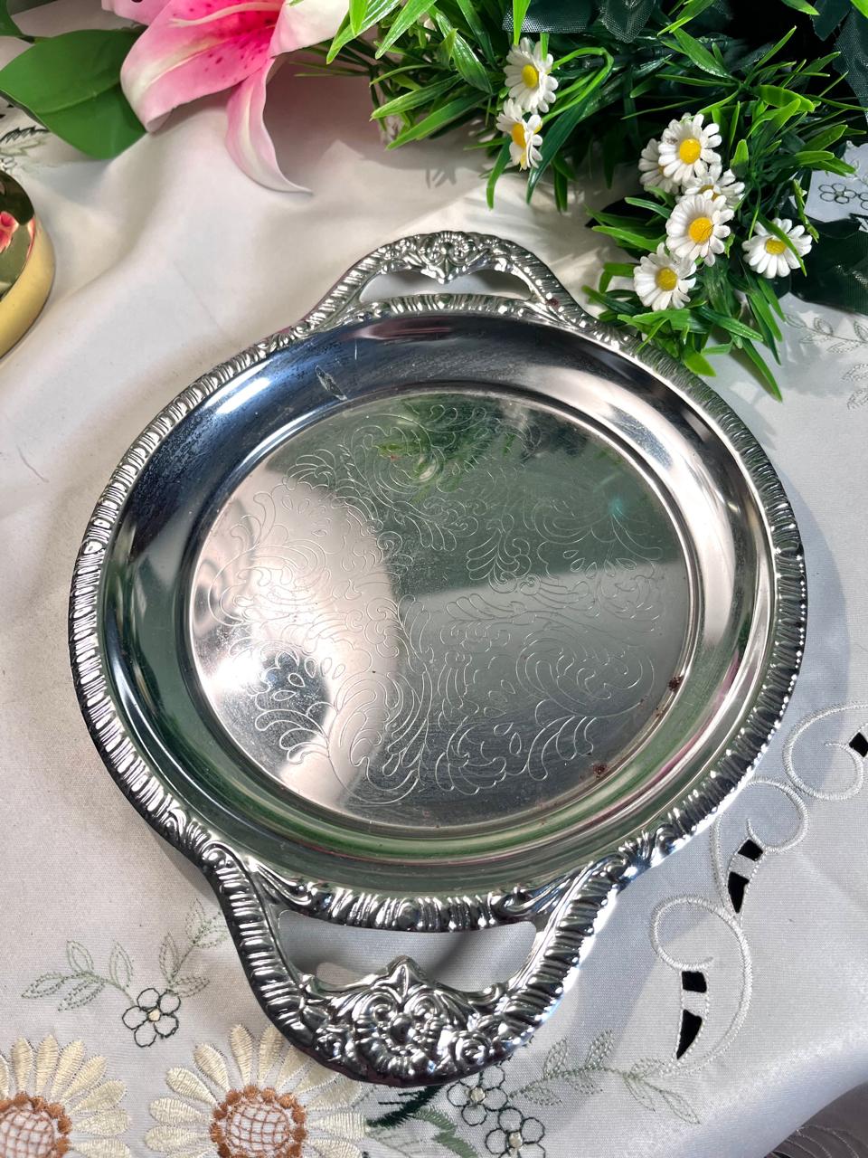 Vintage Silver-Tone Serving Tray Floral Engraving 11 Inch