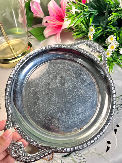 Vintage Silver-Tone Serving Tray Floral Engraving 11 Inch