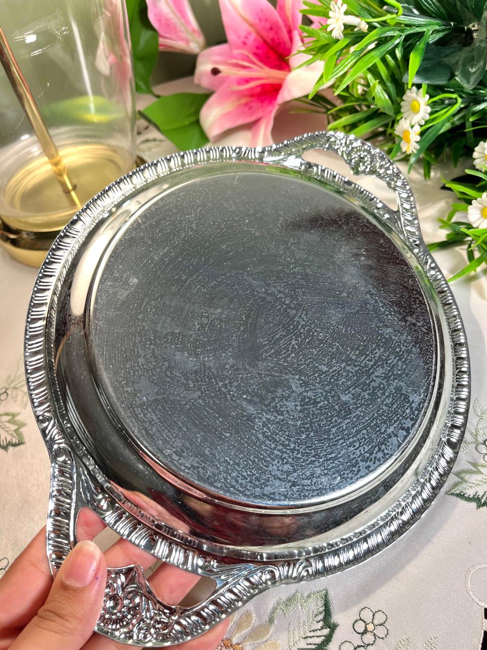 Vintage Silver-Tone Serving Tray Floral Engraving 11 Inch