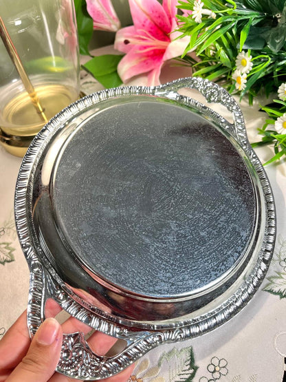 Vintage Silver-Tone Serving Tray Floral Engraving 11 Inch