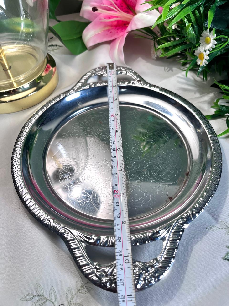 Vintage Silver-Tone Serving Tray Floral Engraving 11 Inch