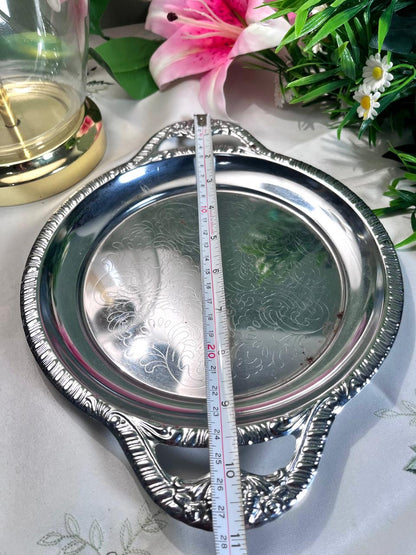 Vintage Silver-Tone Serving Tray Floral Engraving 11 Inch