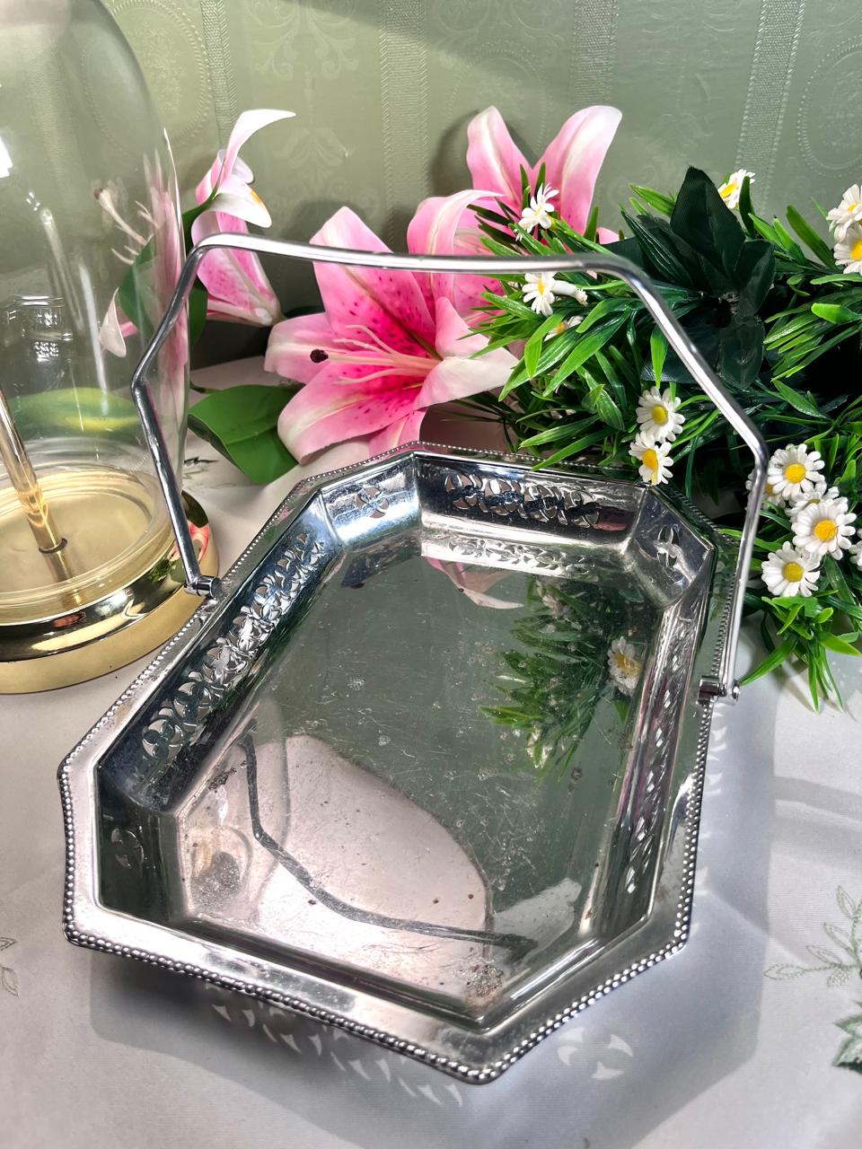 Vintage Silver-Tone Pierced Serving Basket 10 Inch 1 Piece