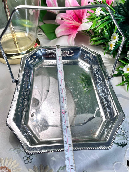 Vintage Silver-Tone Pierced Serving Basket 10 Inch 1 Piece