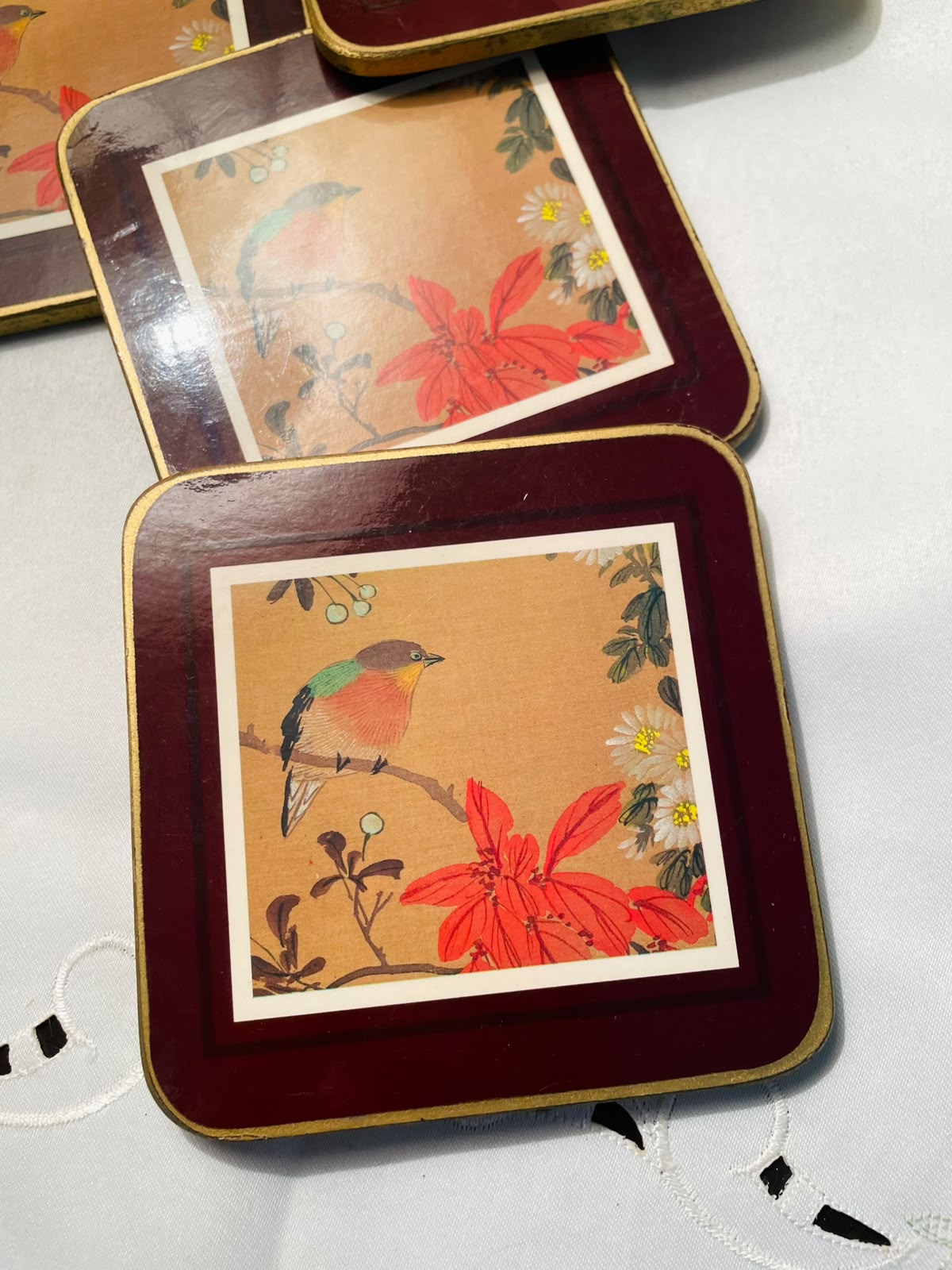 Bird & Floral Square Coasters – 4 Piece Set
