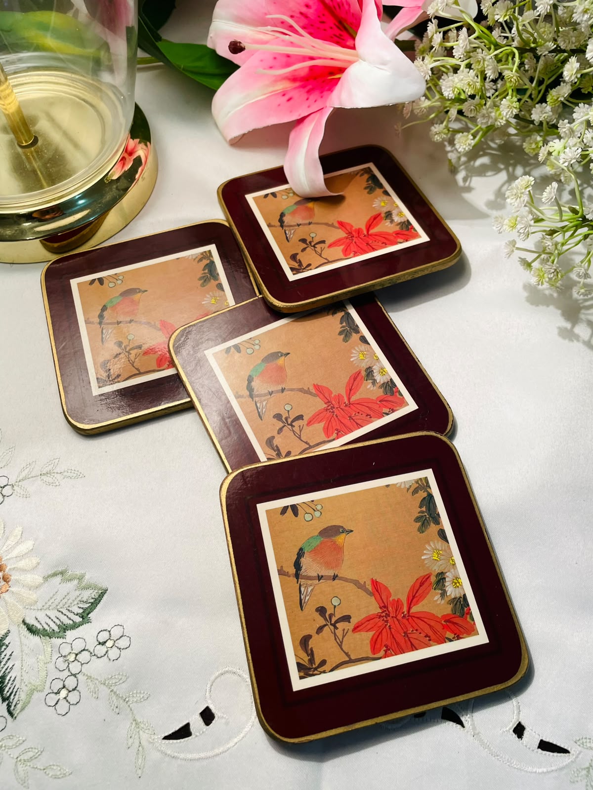 Bird & Floral Square Coasters – 4 Piece Set