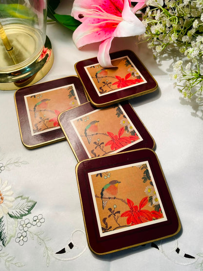 Bird & Floral Square Coasters – 4 Piece Set