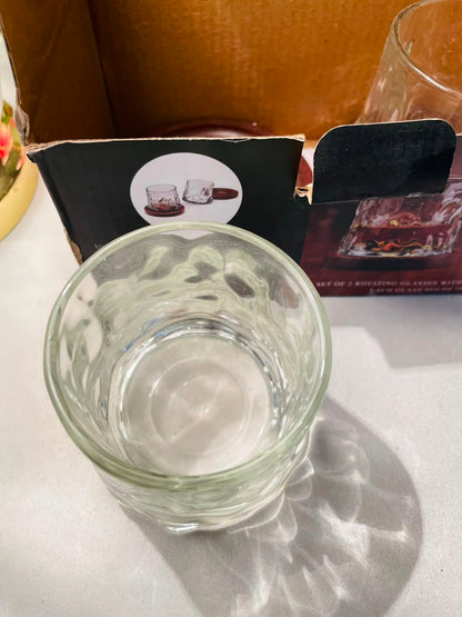 Clear Crystal Rotating Tumblers with Wooden Coasters – 4 Piece Set