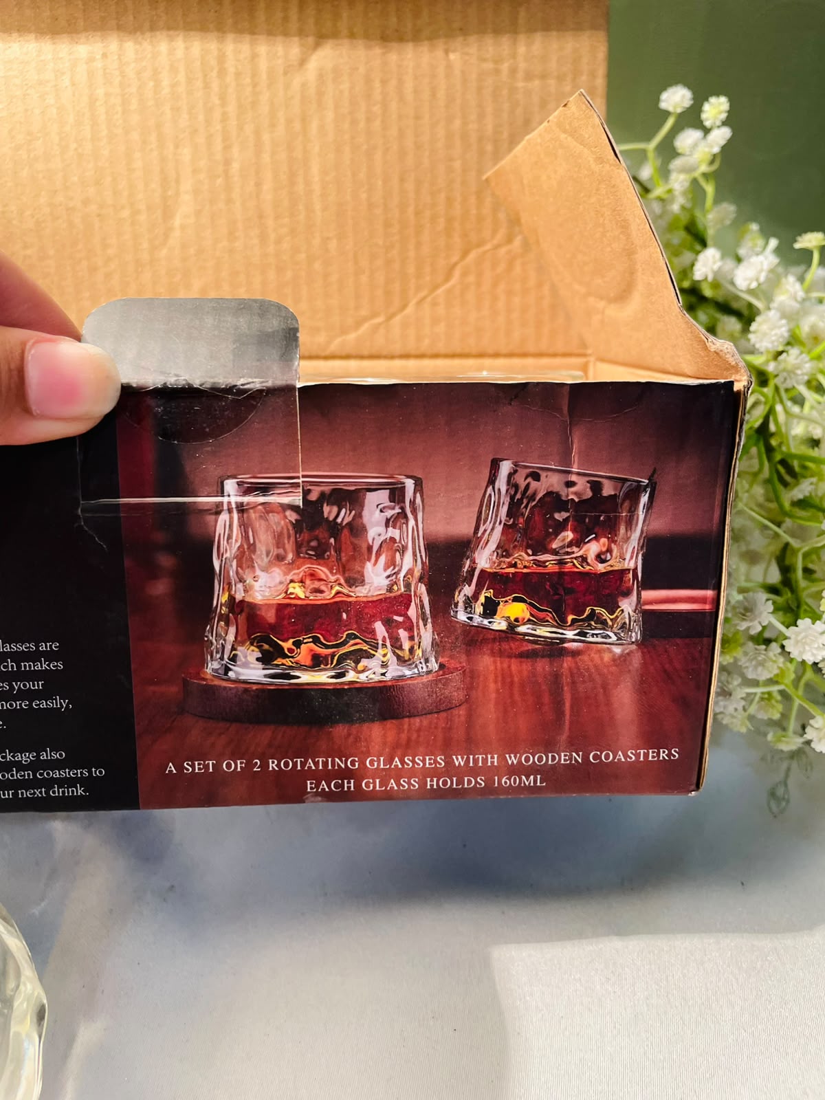 Clear Crystal Rotating Tumblers with Wooden Coasters – 4 Piece Set