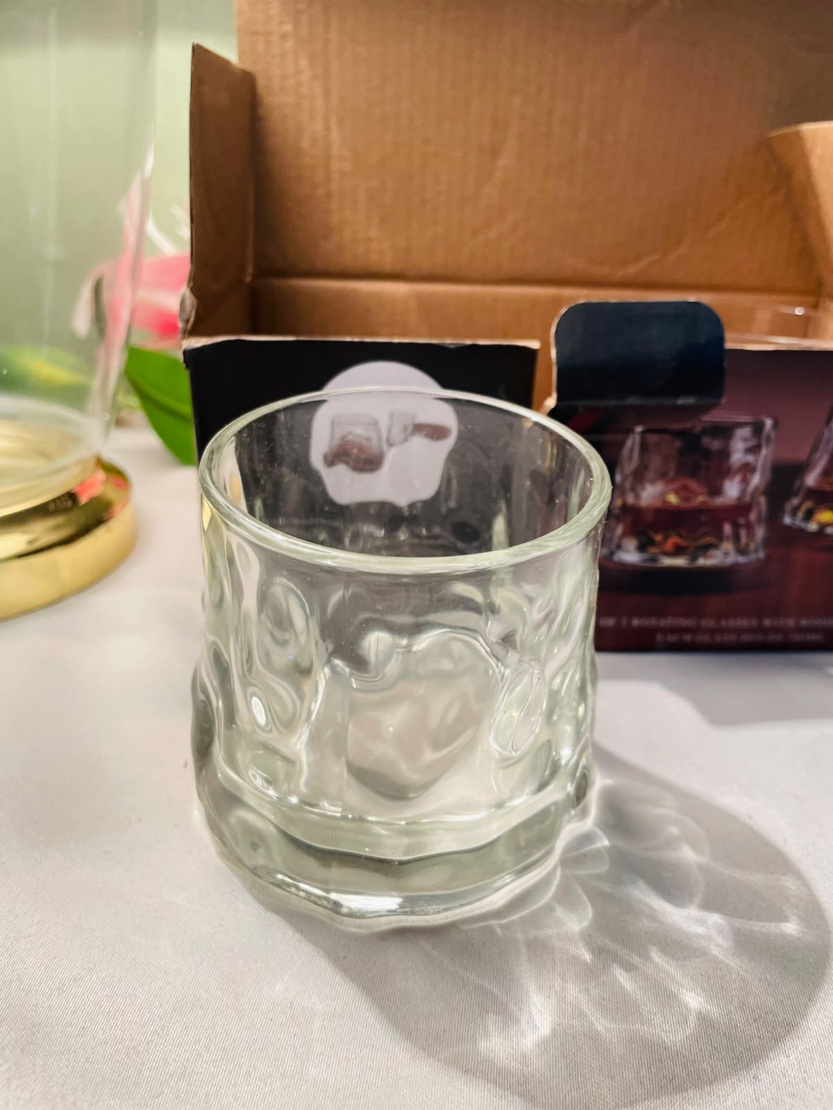 Clear Crystal Rotating Tumblers with Wooden Coasters – 4 Piece Set