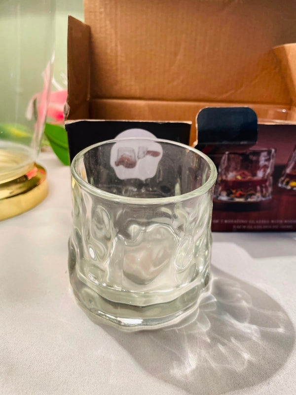Clear Crystal Rotating Tumblers with Wooden Coasters – 4 Piece Set