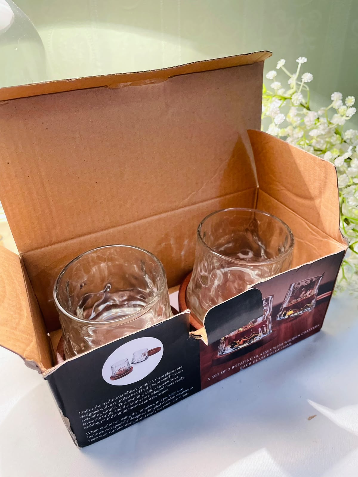 Clear Crystal Rotating Tumblers with Wooden Coasters – 4 Piece Set