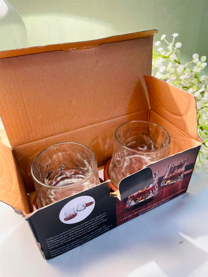 Clear Crystal Rotating Tumblers with Wooden Coasters – 4 Piece Set