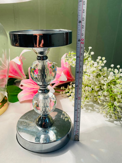 Silver-Tone Crystal Pedestal Candle Stand – Approx. 8.5 Inches