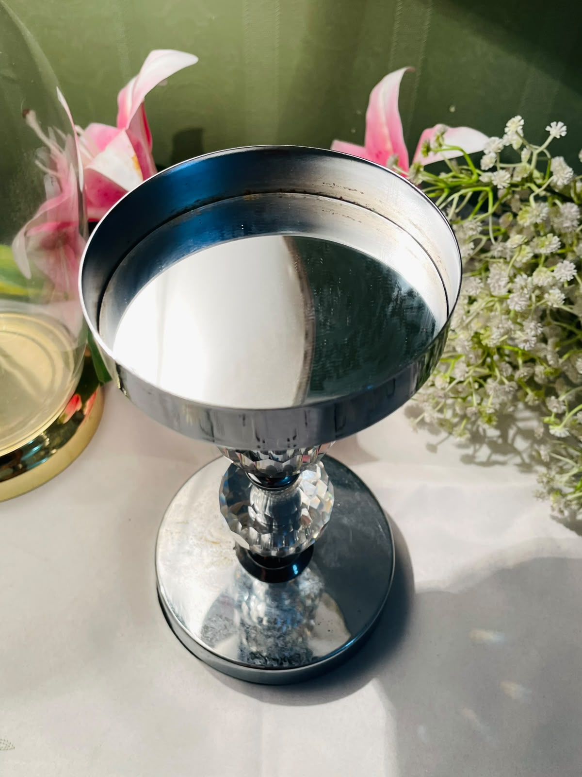 Silver-Tone Crystal Pedestal Candle Stand – Approx. 8.5 Inches