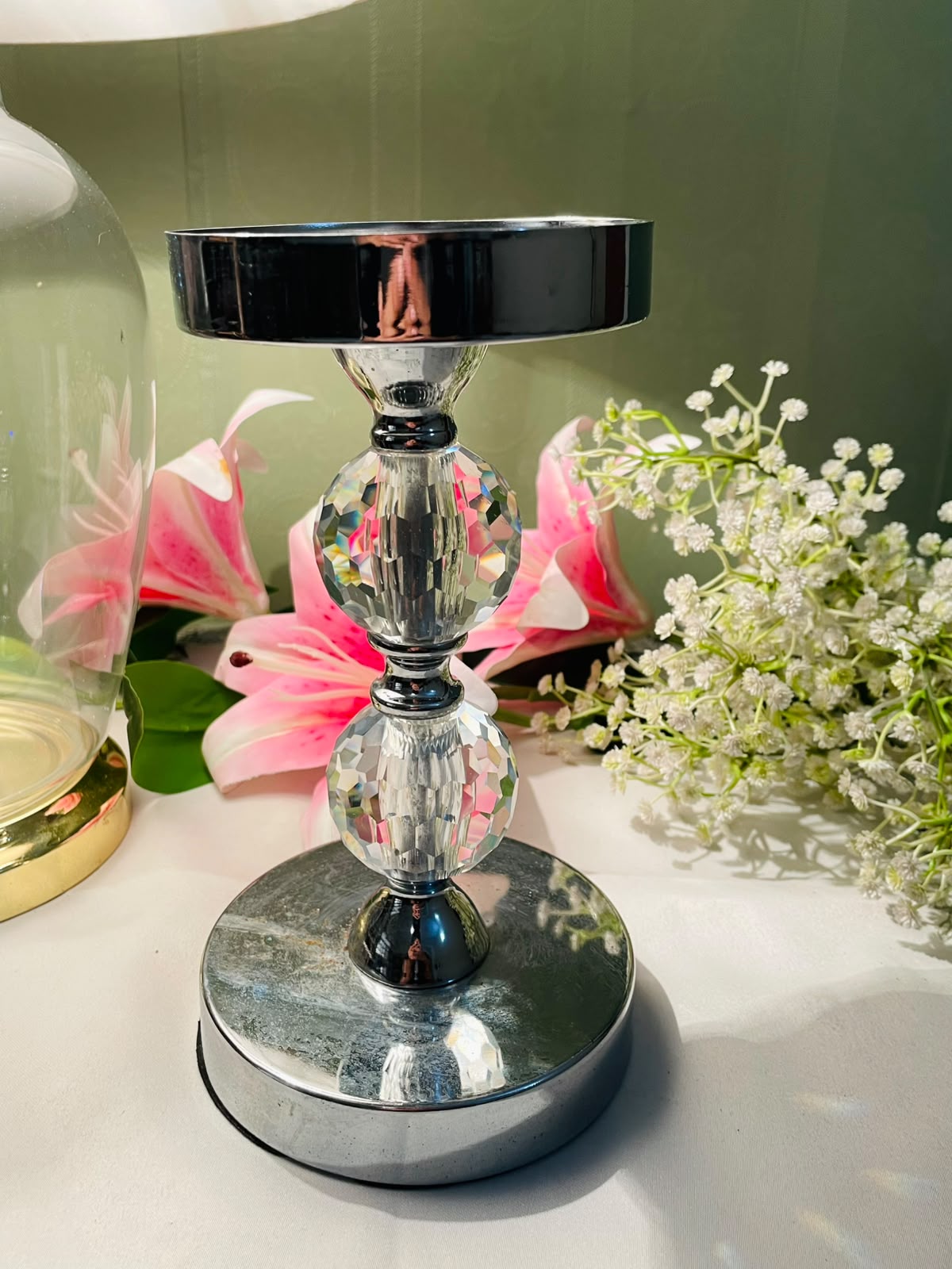 Silver-Tone Crystal Pedestal Candle Stand – Approx. 8.5 Inches