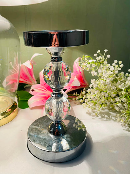 Silver-Tone Crystal Pedestal Candle Stand – Approx. 8.5 Inches