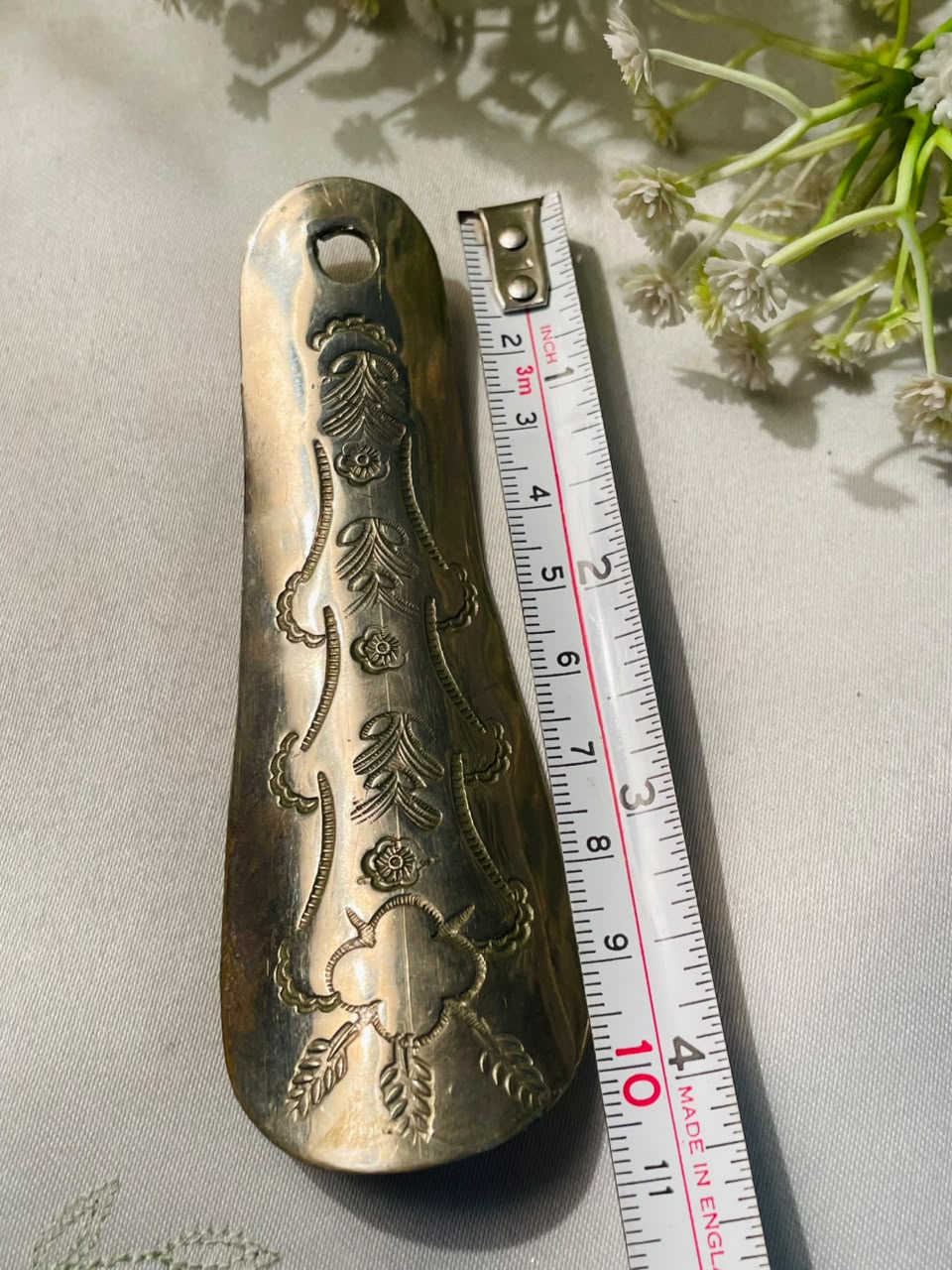 Engraved Floral Metal Shoehorn – Approx. 4 Inches