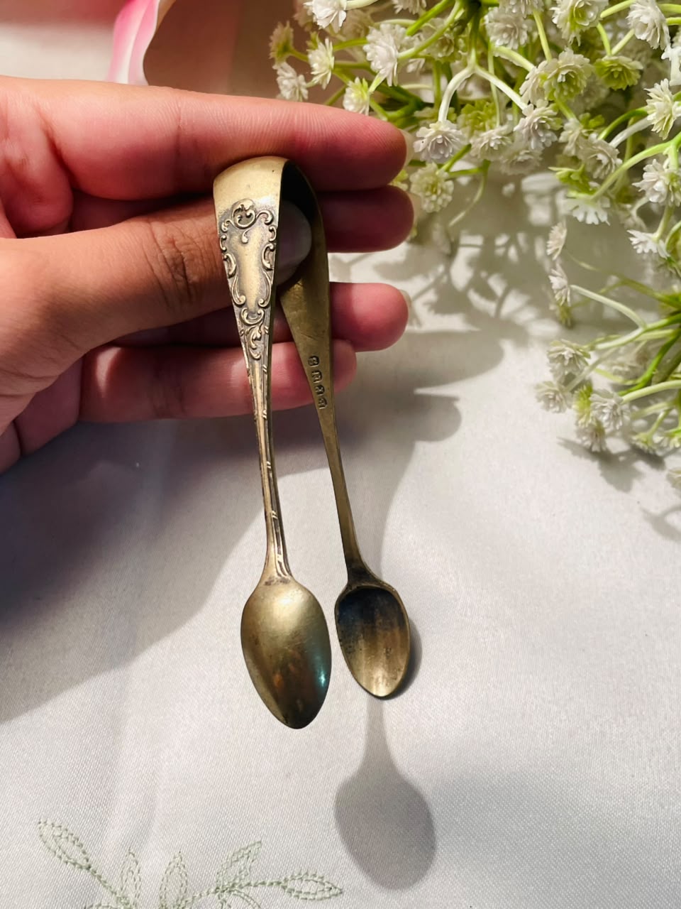 Engraved Silver-Tone Sugar Tongs – Approx. 4 Inches