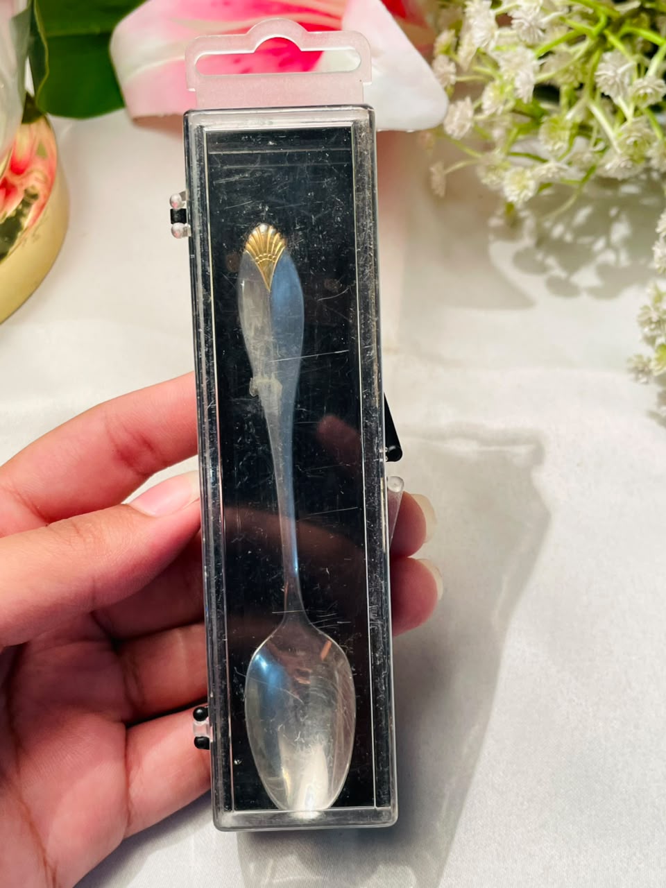 Silver-Tone Teaspoon with Gold Fan Detail – Approx. 4.5 Inches
