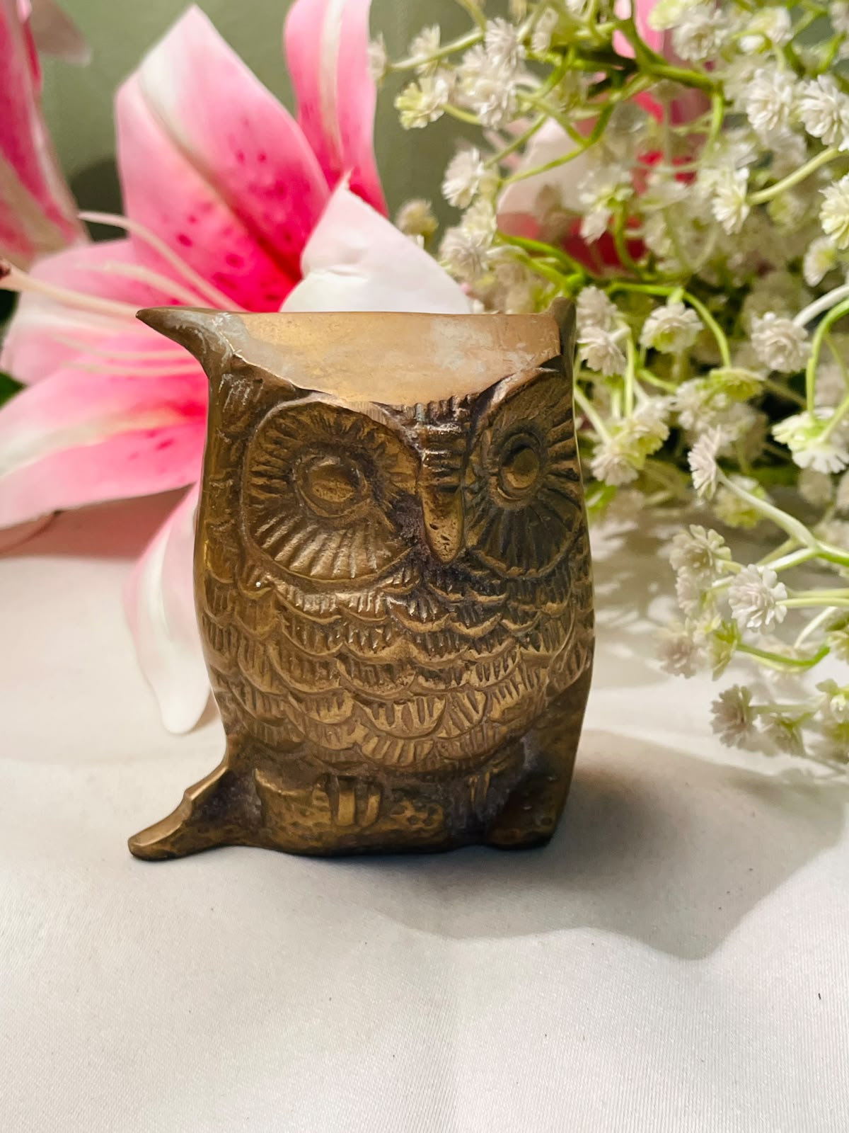 Vintage Brass Owl Figurine with Flared Ears 8cm