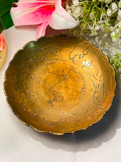 Gold-Tone Dragon Engraved Decorative Bowl 14 cm