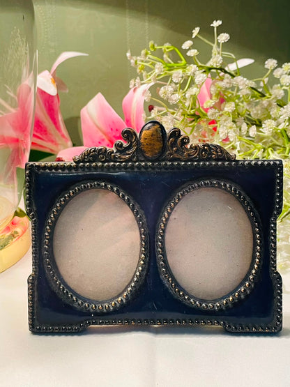 Vintage Double Oval Photo Frame Black Gold Ornate 15 cm