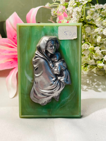 Vintage Mother & Child Wall Plaque Green Silver-Tone 12 cm