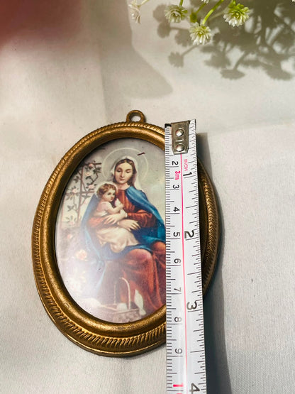 Vintage Madonna & Child Framed Print Gold-Tone Oval 9 cm