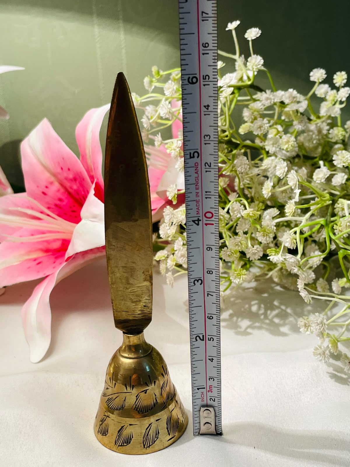 Vintage Brass Letter Opener Engraved Bell Handle 15 cm